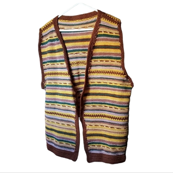 Handmade Crocheted 70s Boho Hippie Open Front Cardigan Sweater Brown Vest - Picture 5 of 7